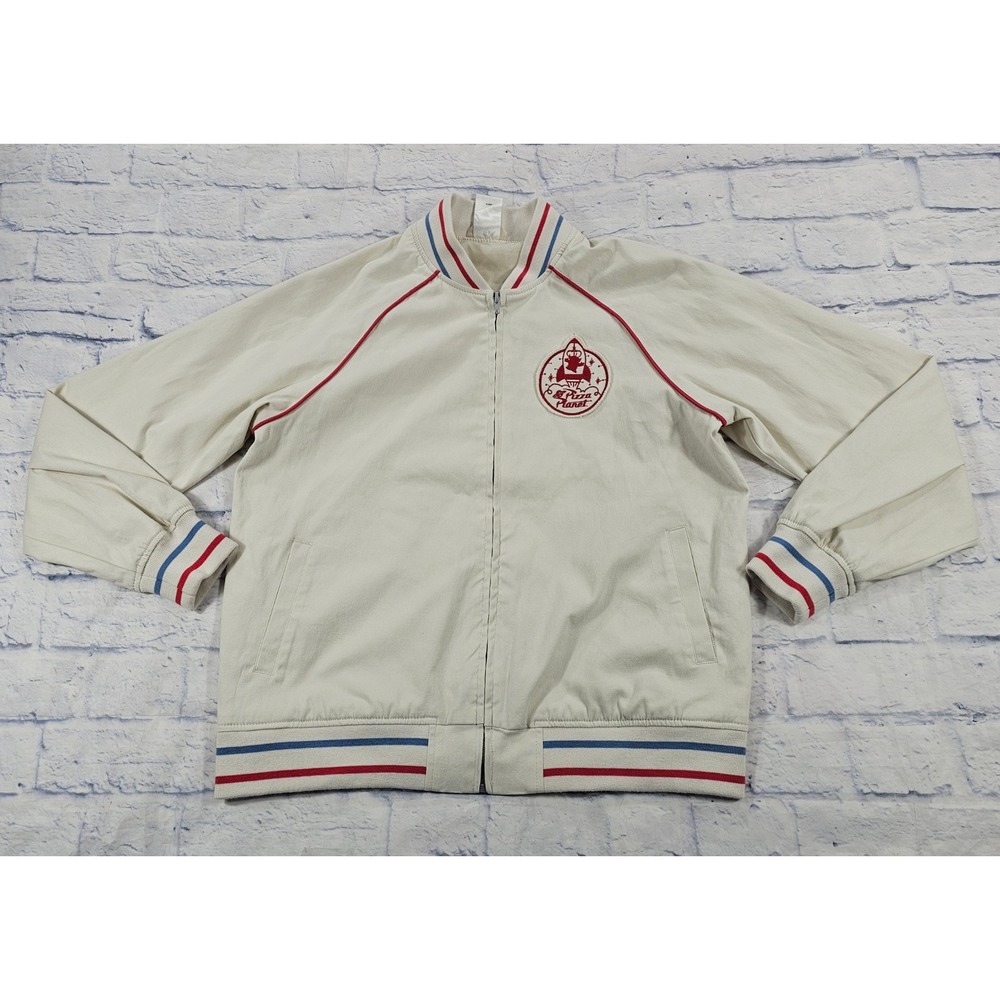 Disney Pizza Planet Bomber Jacket Mens Small Cream Toy Story Pixar Zip Up